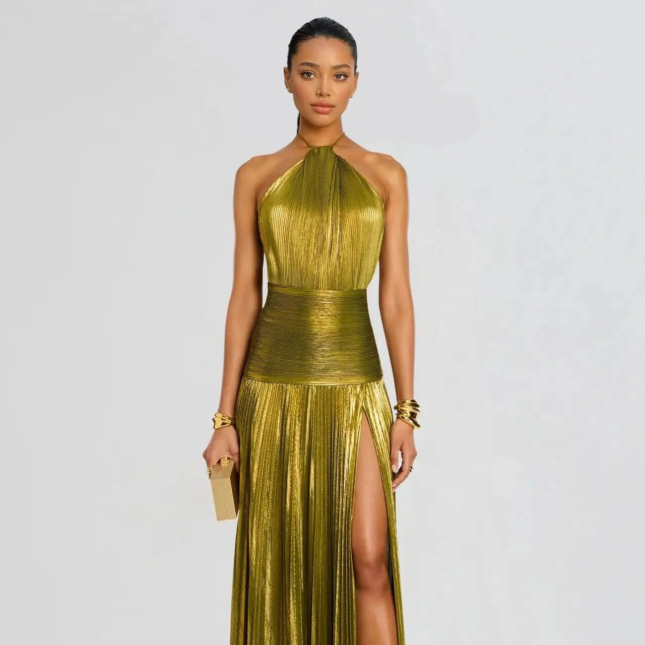 Likemychoice Metallic Olive Gold Pleated Halter Maxi Dress High Slit Formal Evening Gown for Women Sleeveless Floor-Length Maxi with Tie Closure - Fabric, Fit