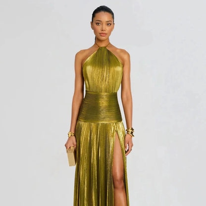Likemychoice Metallic Olive Gold Pleated Halter Maxi Dress High Slit Formal Evening Gown for Women Sleeveless Floor-Length Maxi with Tie Closure - Fabric, Fit