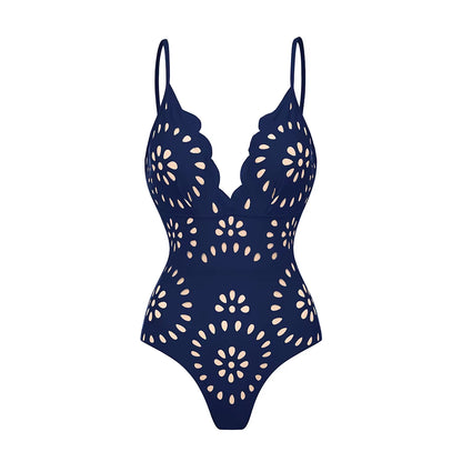 Flaxmaker Women One Piece Swimsuit and Skirt Black Laser Cutting Flower Hollow Swimwear Summer Deep V Neck Bathing Suit 2025