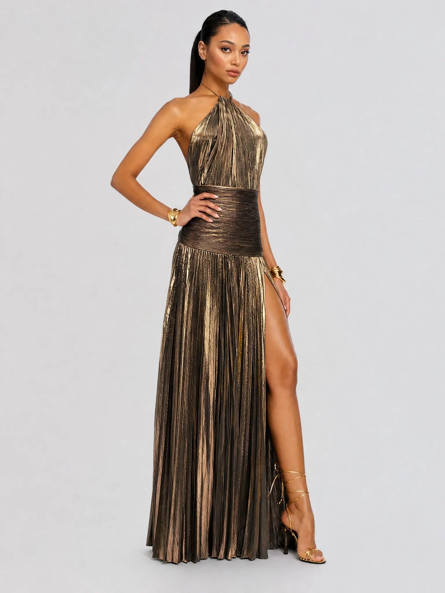 Likemychoice Metallic Olive Gold Pleated Halter Maxi Dress High Slit Formal Evening Gown for Women Sleeveless Floor-Length Maxi with Tie Closure - Fabric, Fit