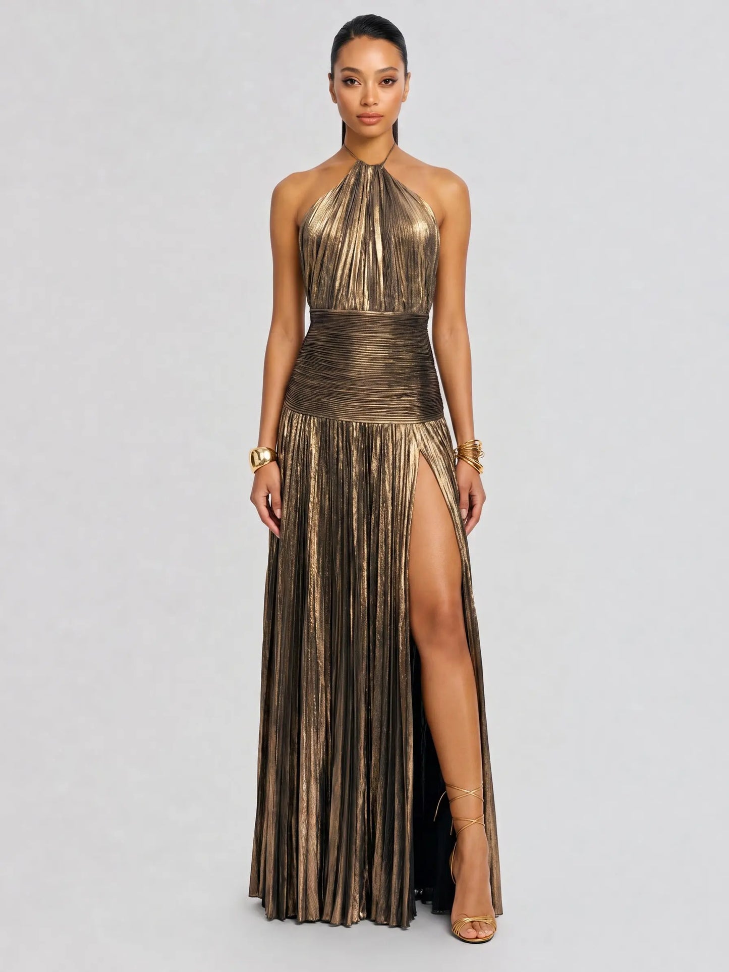Likemychoice Metallic Olive Gold Pleated Halter Maxi Dress High Slit Formal Evening Gown for Women Sleeveless Floor-Length Maxi with Tie Closure - Fabric, Fit