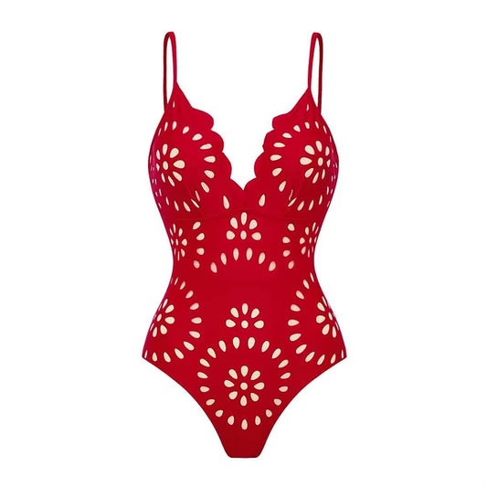 Flaxmaker Women One Piece Swimsuit and Skirt Black Laser Cutting Flower Hollow Swimwear Summer Deep V Neck Bathing Suit 2025