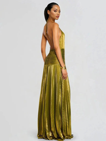 Likemychoice Metallic Olive Gold Pleated Halter Maxi Dress High Slit Formal Evening Gown for Women Sleeveless Floor-Length Maxi with Tie Closure - Fabric, Fit