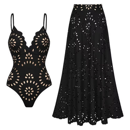 Flaxmaker Women One Piece Swimsuit and Skirt Black Laser Cutting Flower Hollow Swimwear Summer Deep V Neck Bathing Suit 2025