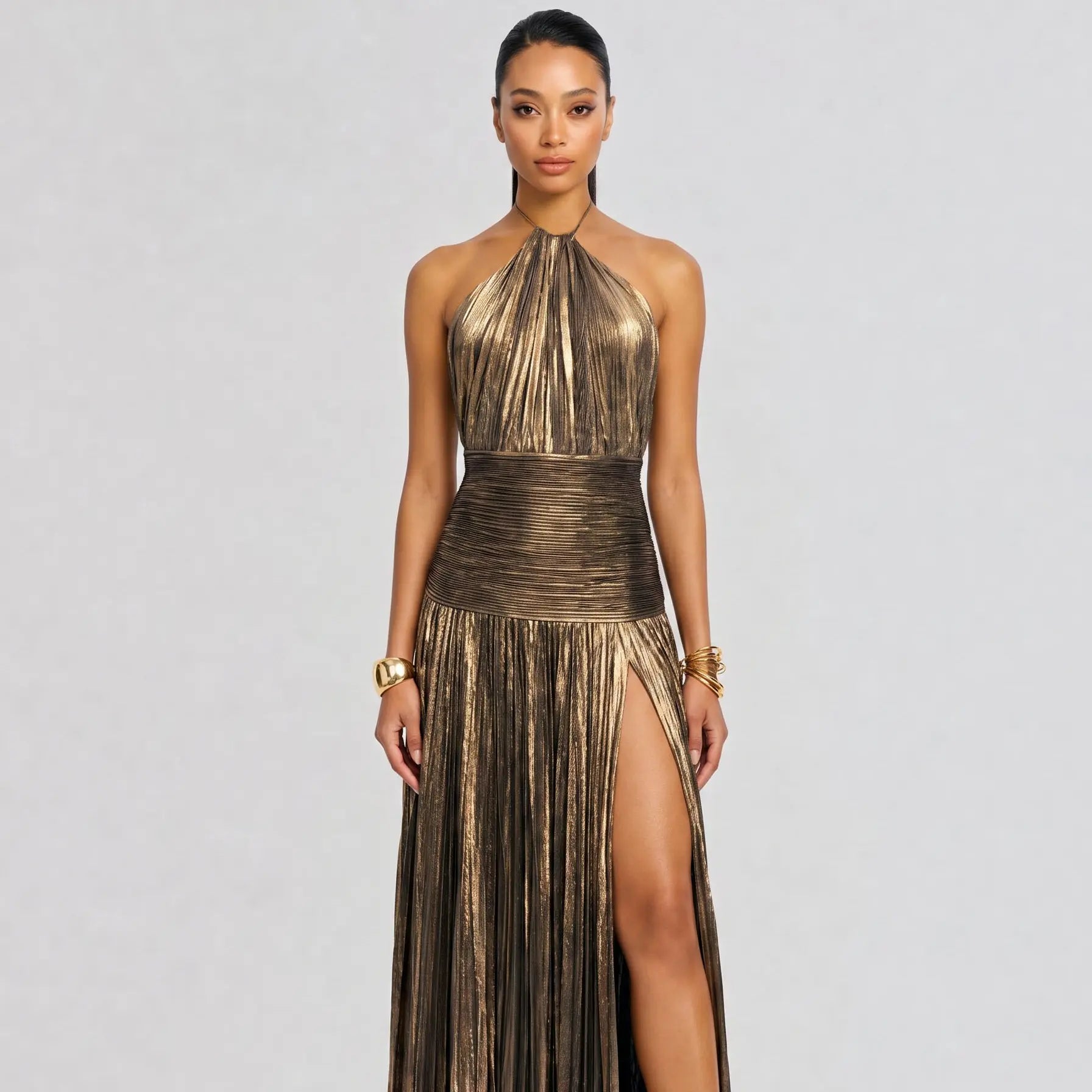 Likemychoice Metallic Olive Gold Pleated Halter Maxi Dress High Slit Formal Evening Gown for Women Sleeveless Floor-Length Maxi with Tie Closure - Fabric, Fit