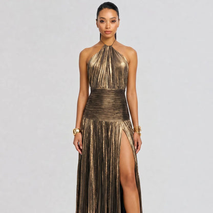 Likemychoice Metallic Olive Gold Pleated Halter Maxi Dress High Slit Formal Evening Gown for Women Sleeveless Floor-Length Maxi with Tie Closure - Fabric, Fit
