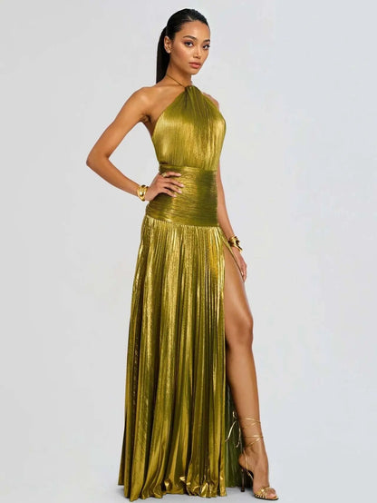 Likemychoice Metallic Olive Gold Pleated Halter Maxi Dress High Slit Formal Evening Gown for Women Sleeveless Floor-Length Maxi with Tie Closure - Fabric, Fit