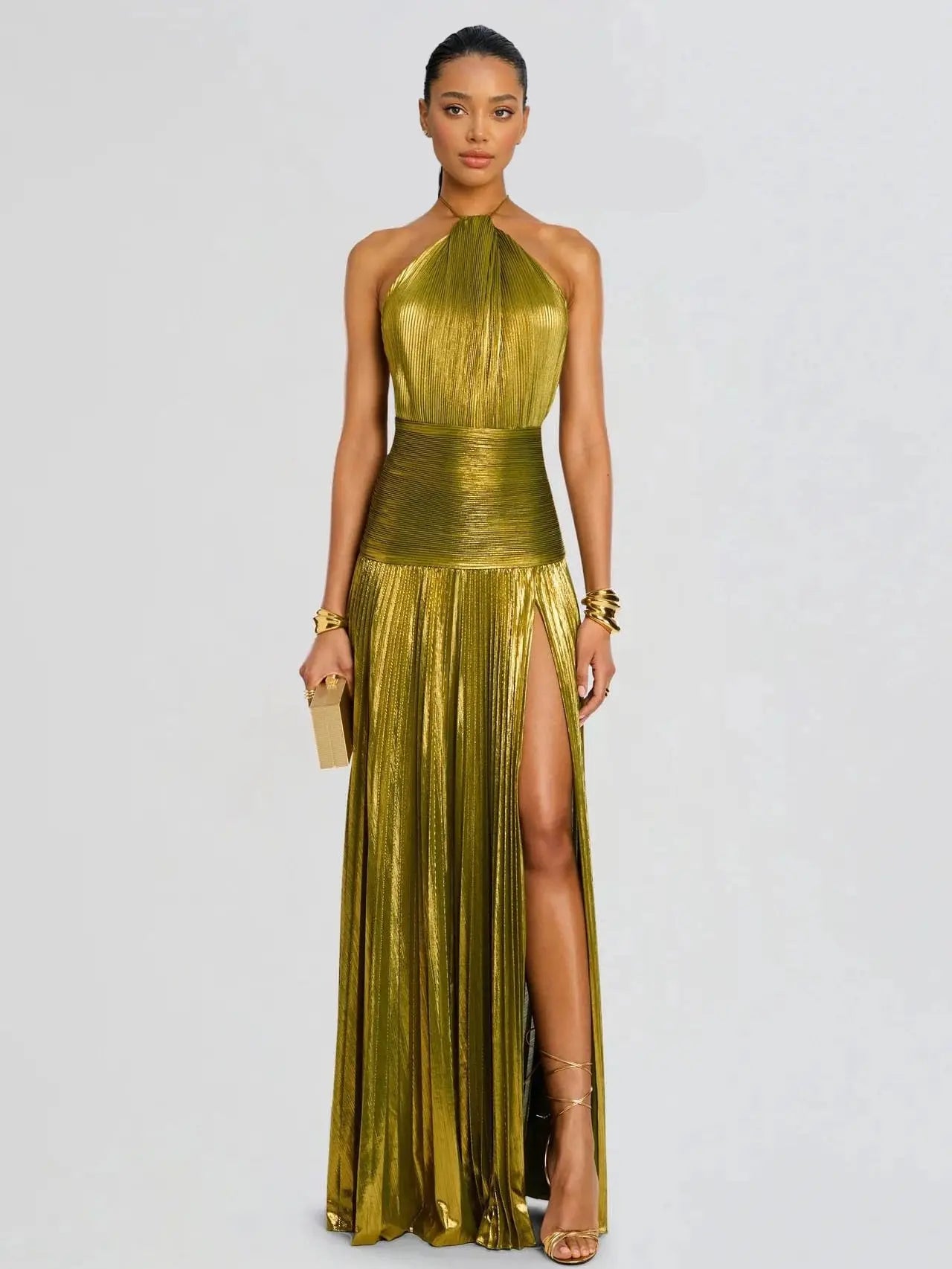 Likemychoice Metallic Olive Gold Pleated Halter Maxi Dress High Slit Formal Evening Gown for Women Sleeveless Floor-Length Maxi with Tie Closure - Fabric, Fit