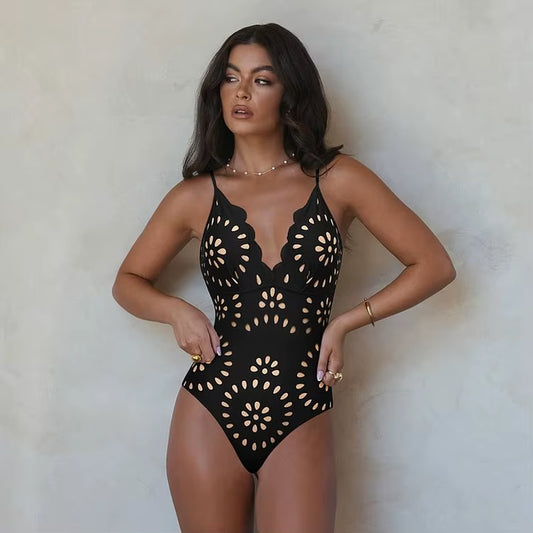 Flaxmaker Women One Piece Swimsuit and Skirt Black Laser Cutting Flower Hollow Swimwear Summer Deep V Neck Bathing Suit 2025