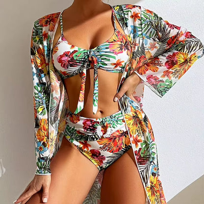 Bohemian Print Sexy Women'S Beach Bikinis Three Pieces Bikini Set Cover up Swimwear High Waisted Bikini Set Women Swimsuit 2026