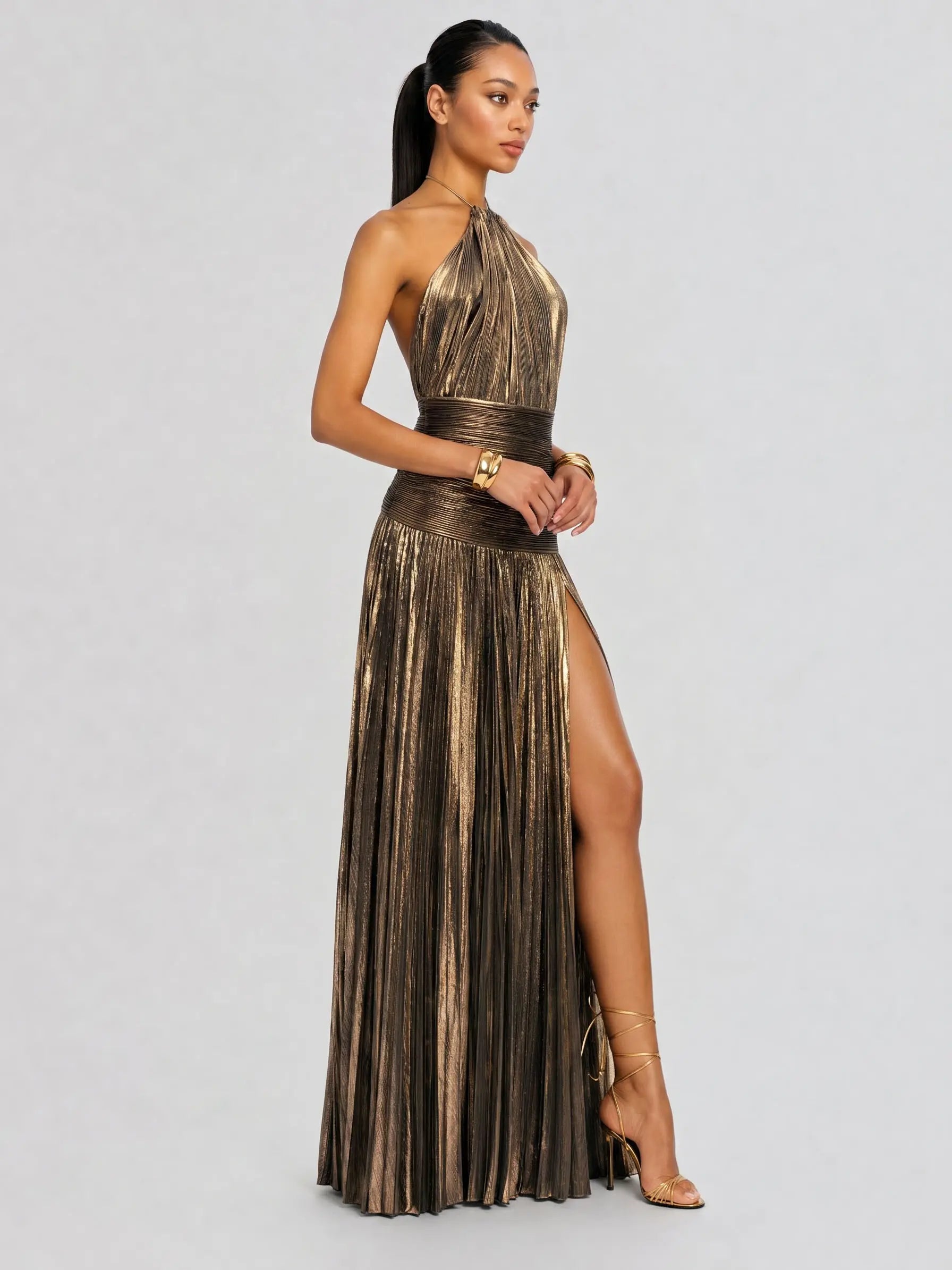 Likemychoice Metallic Olive Gold Pleated Halter Maxi Dress High Slit Formal Evening Gown for Women Sleeveless Floor-Length Maxi with Tie Closure - Fabric, Fit
