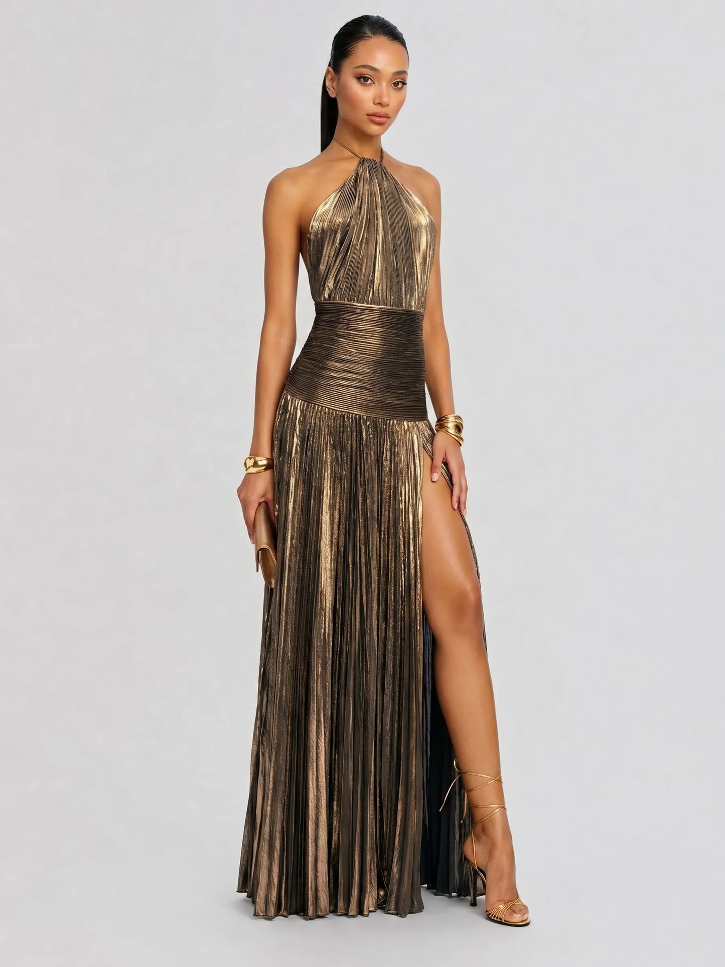 Likemychoice Metallic Olive Gold Pleated Halter Maxi Dress High Slit Formal Evening Gown for Women Sleeveless Floor-Length Maxi with Tie Closure - Fabric, Fit