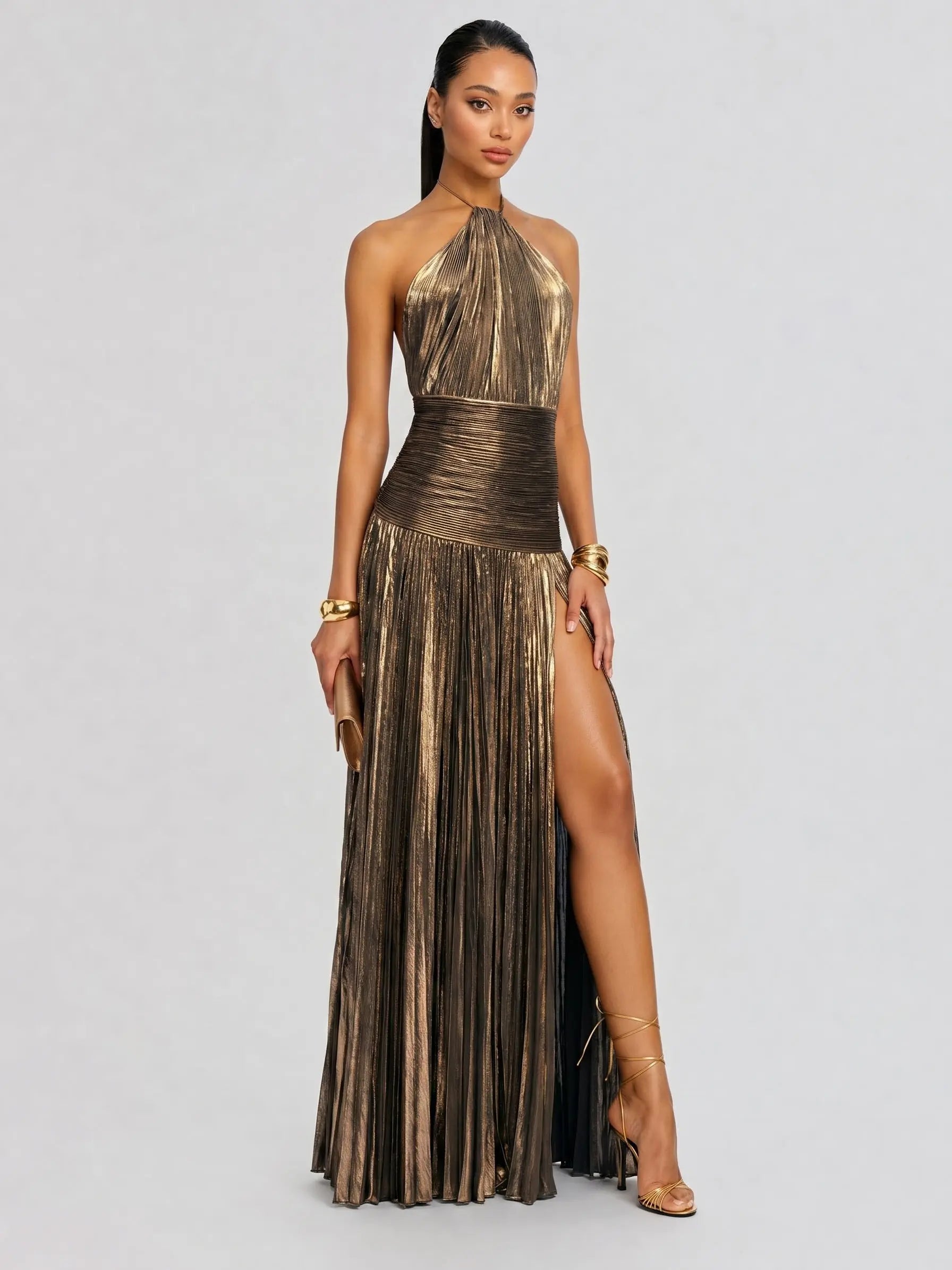 Likemychoice Metallic Olive Gold Pleated Halter Maxi Dress High Slit Formal Evening Gown for Women Sleeveless Floor-Length Maxi with Tie Closure - Fabric, Fit