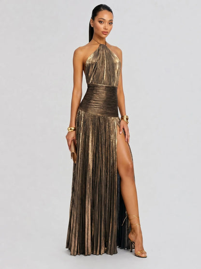 Likemychoice Metallic Olive Gold Pleated Halter Maxi Dress High Slit Formal Evening Gown for Women Sleeveless Floor-Length Maxi with Tie Closure - Fabric, Fit